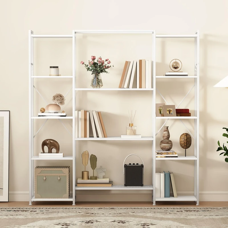 DWVO Industrial Standing Bookcase, Wooden Standing Shelf and Metal Frame, Display Shelf for Living Room with 13 Shelves, Home Office, Pure White