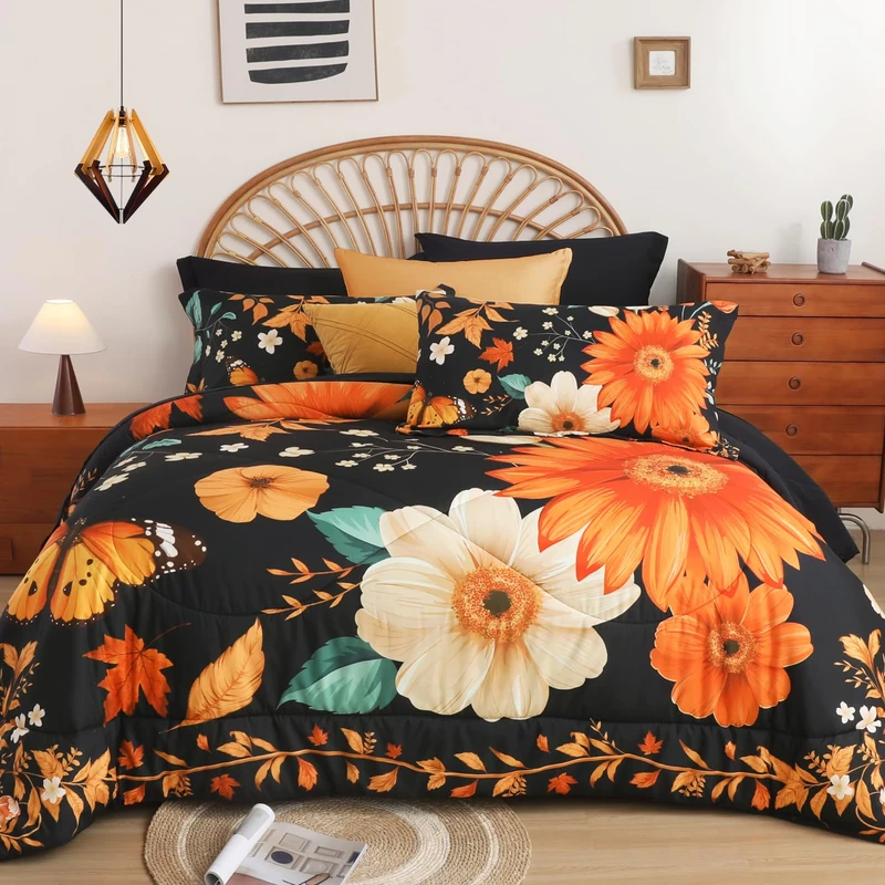 EVENHUG King Size Comforter Set 7 Pieces Black Sunflower Floral Botanical Bedding Sets for All Season Bed in a Bag with Flowers Comforter and Flat Sheet, Fitted Sheet, Pillowcases (104"x90")