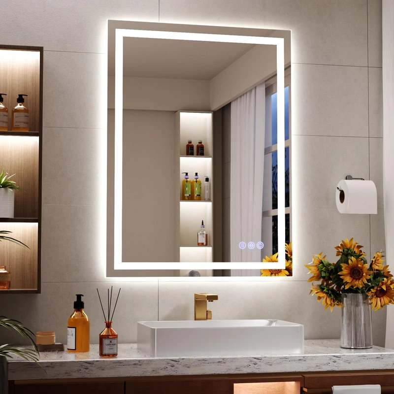 Koonmi 80x60cm LED Bathroom Mirror, 3 Adjustable Lighting Modes Lighted Smart Vanity Mirror with Front and Backlight, Anti-Fog, Memory Function, Tempered Glass, Mounted Horizontally Vertically