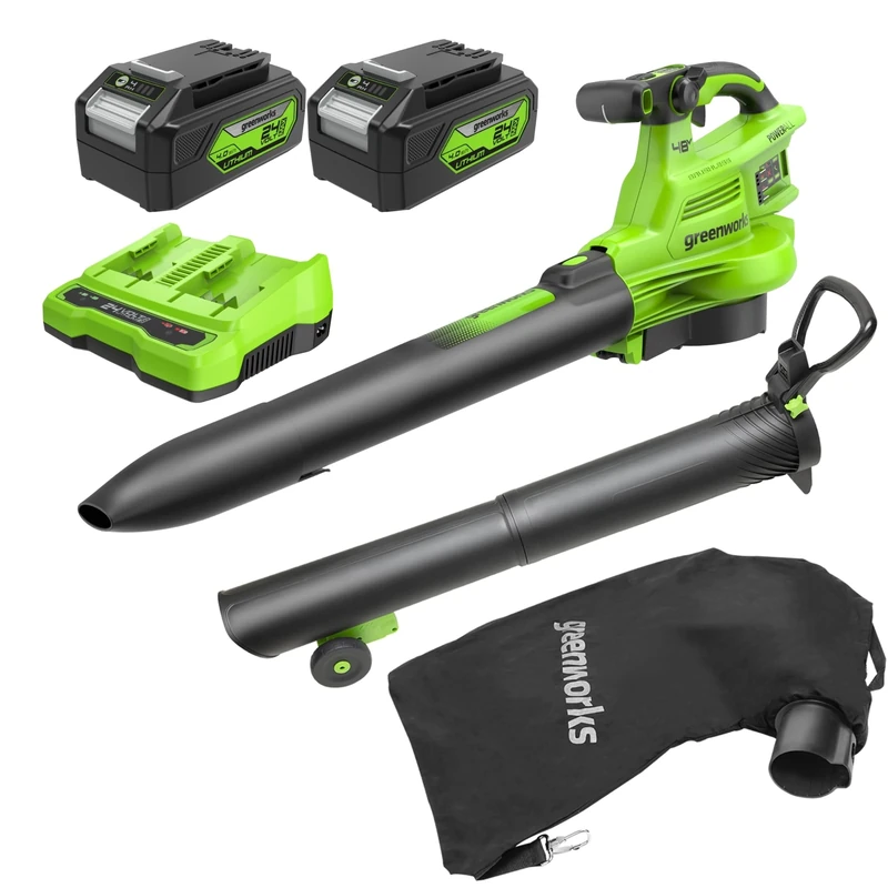 Greenworks 48V(24V x 2) Cordless Leaf Blower and Vacuum GenII with 45L Mulching Bag, 386km/h,14.73m³/min, Two 4Ah Batteries & Dual-port Charger, 3 Year Guarantee BL48L421-01