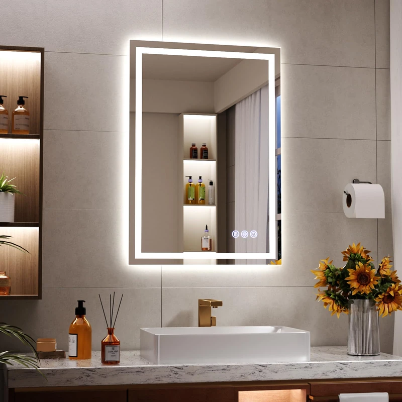 Koonmi 70x50cm LED Bathroom Mirror, 3 Adjustable Lighting Modes Lighted Smart Vanity Mirror with Front and Backlight, Anti-Fog, Memory Function, Tempered Glass, Mounted Horizontally Vertically