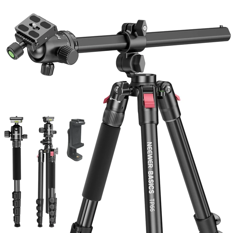 NEEWER BASICS 64.5" Horizontal Overhead Tripod with Ball Head/Cell Phone Holder Compatible with iPhone Video Recording, Aluminum Travel Stand Camera Monopod, 360° Pan 180° Tilt 22lb/10kg Load, TP66