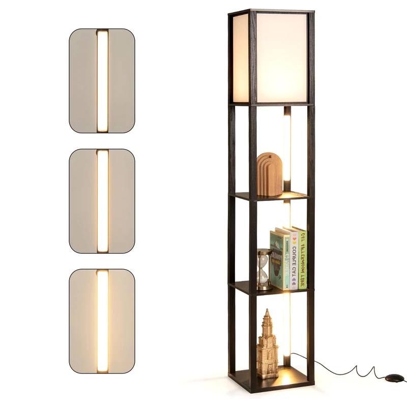 GiantexUK Floor Lamp with Shelves, 3/4-Tier Standing Light with Rotatable Poles & 3 Level Brightness Adjustable LED Bulbs, Tall Display Lighting for Living Room Office (1 Shade, 3 Layers, 3 LED Poles)
