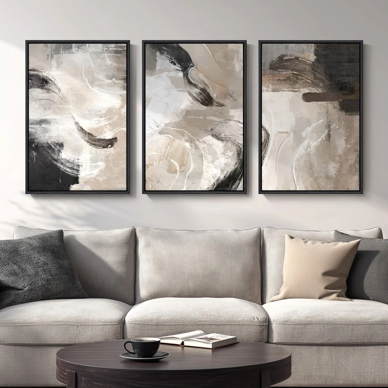 Large Framed Neutral Abstract Wall Art, 3 Piece Modern Minimalist Canvas Prints Paintings Artwork for Walls, Black Beige Brown Neutral Tone Pictures for Living Room Hallway Dining Wall Decor 20x30 In