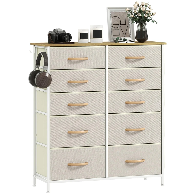 HOMCOM Chest of Drawers, Double Dresser for Bedroom with 10 Fabric Drawers, Tall Storage Unit with 4 Pockets, 2 Hooks and Steel Frame for Living Room, Hallway, Beige