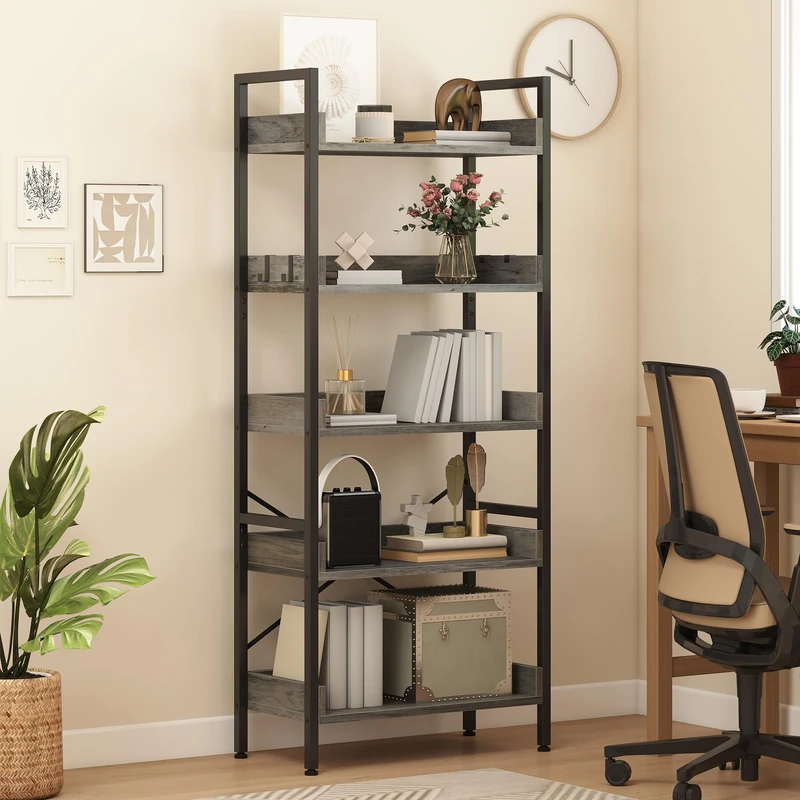 DWVO Tall Bookcase 5 Tiers, Floor Standing Industrial Book Shelf 64cm Wide 160cm High Large Book Case Wooden Shelf and Metal Shelving Unit Display for Living Room, Home, Grey