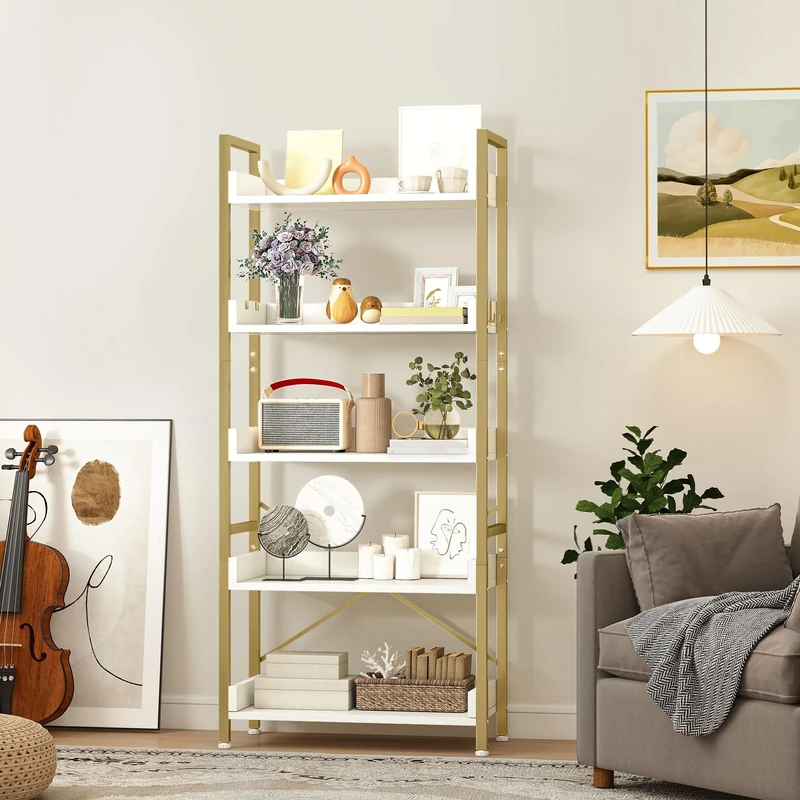 DWVO Tall Bookcase 5 Tiers, Floor Standing Industrial Book Shelf 64cm Wide 160cm High Large Book Case Wooden Shelf and Metal Shelving Unit Display for Living Room, Home, Gold