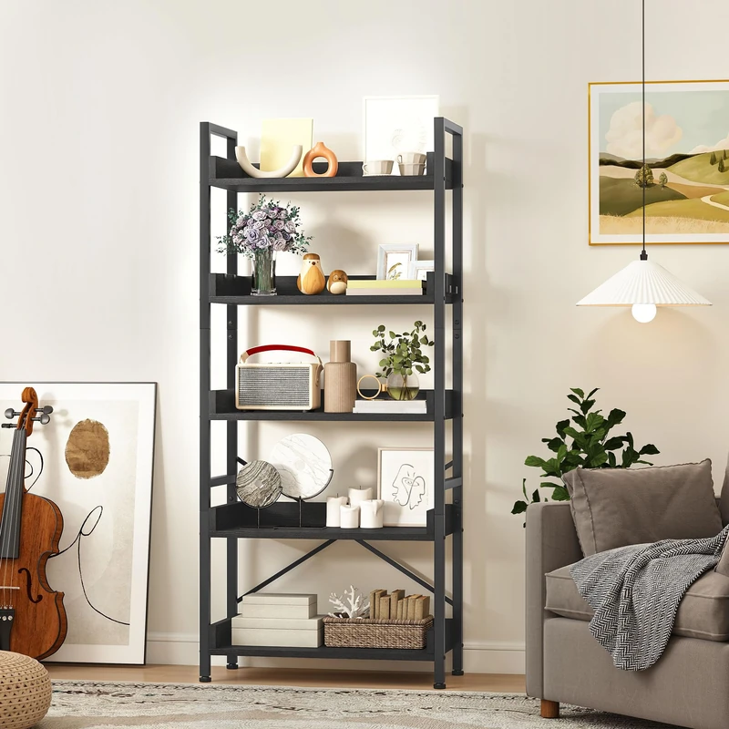 DWVO Tall Bookcase 5 Tiers, Floor Standing Industrial Book Shelf 64cm Wide 160cm High Large Book Case Wooden Shelf and Metal Shelving Unit Display for Living Room, Home, Black