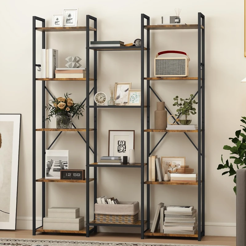 DWVO Wide Standing Bookshelf with 14 Shelves and Hooks, Tall Shelf, Display Shelf with Sturdy Metal Frame, for Living Room, Home Office,Rustic Brown