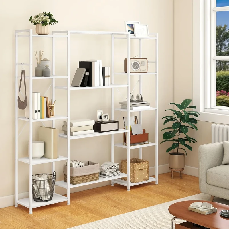 YITAHOME Industrial Bookcase 73 cm Wide, Standing Open Wooden and Metal Frame with 13 Shelves, Display Shelf for Living Room, Home Office, Pure White