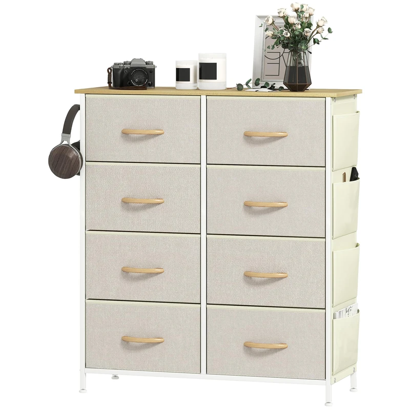 HOMCOM Chest of Drawers, Double Dresser for Bedroom with 8 Fabric Drawers, Tall Storage Unit with 4 Pockets, 2 Hooks and Steel Frame for Living Room, Hallway, Beige
