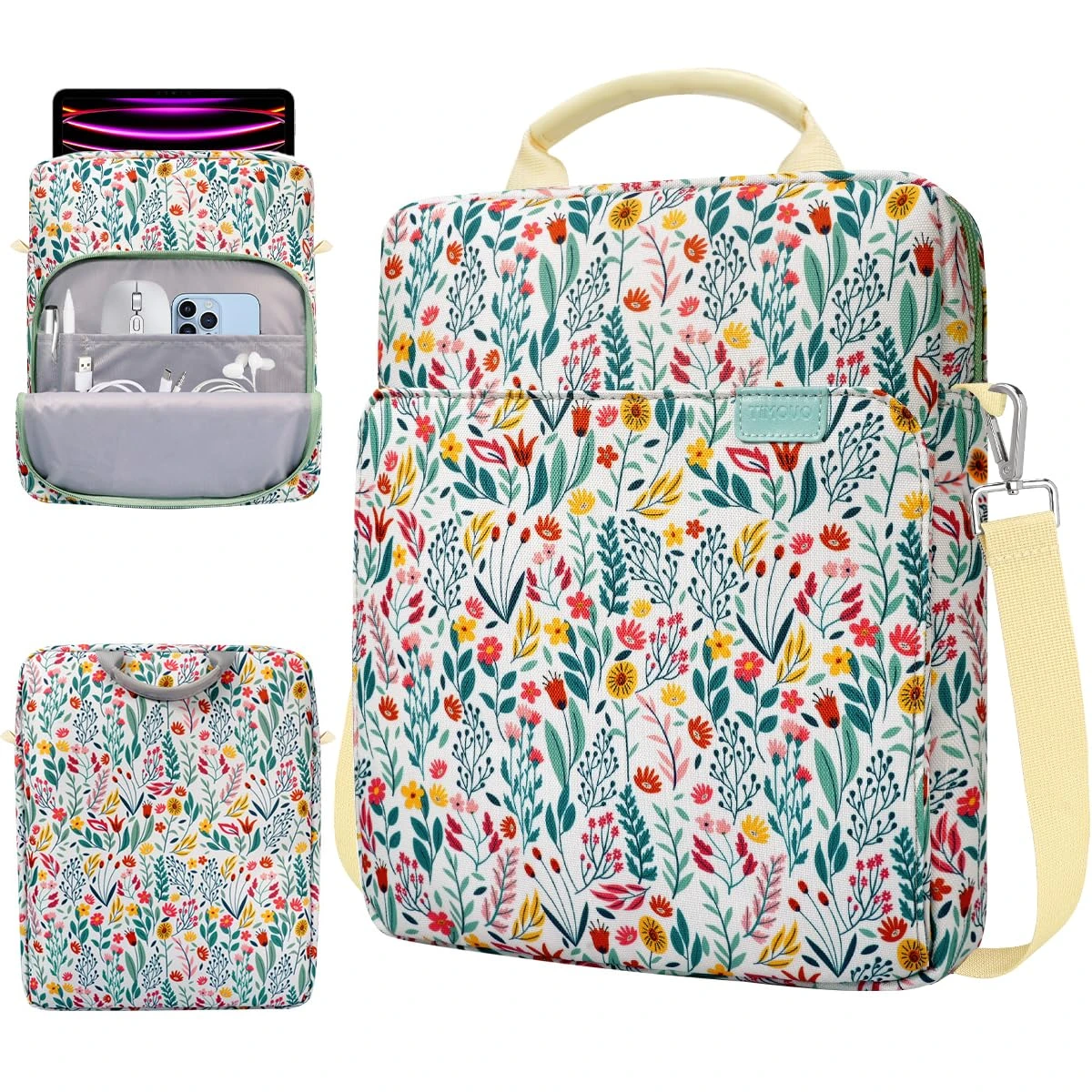 TiMOVO 13 Inch Tablet Sleeve Handbag for iPad Air 13 Inch M3 2025, iPad Pro 13"/12.9", Galaxy Tab S9+/S10+/S9 FE Plus 12.4", with Shoulder Strap and Metal Hooks, Flowers