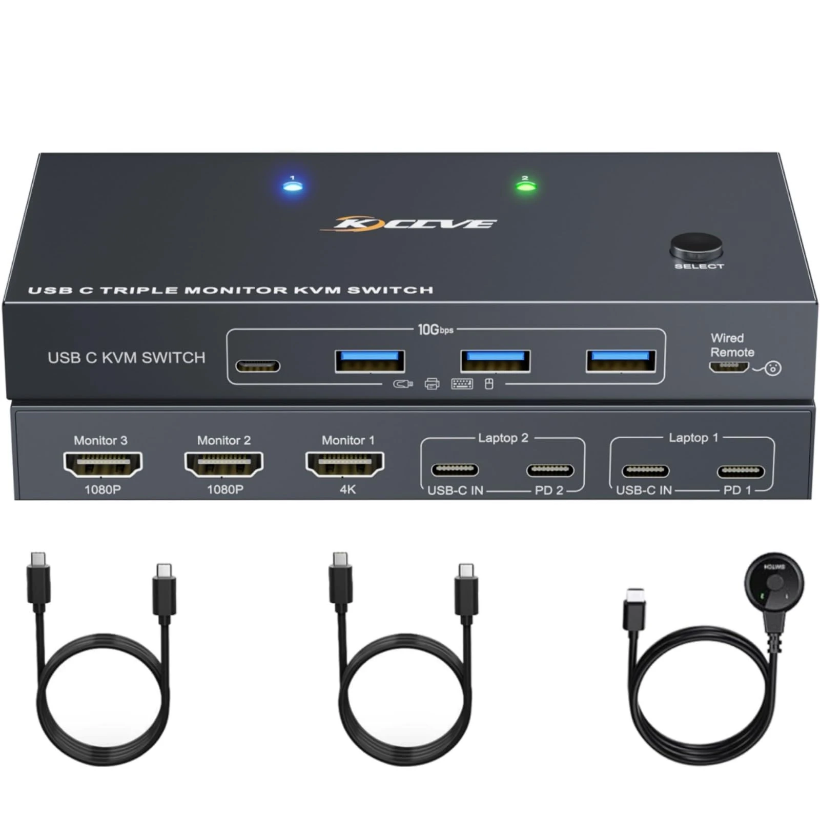 USB C KVM Switch 3 Monitors 2 Laptops 4K 1080P@60Hz,USB-C Docking Station Triple Monitor KVM Switches with 4 USB 3.2 Ports,10Gbps 80W PD Charging,For Windows and Mac OS,Driver Installation is Required