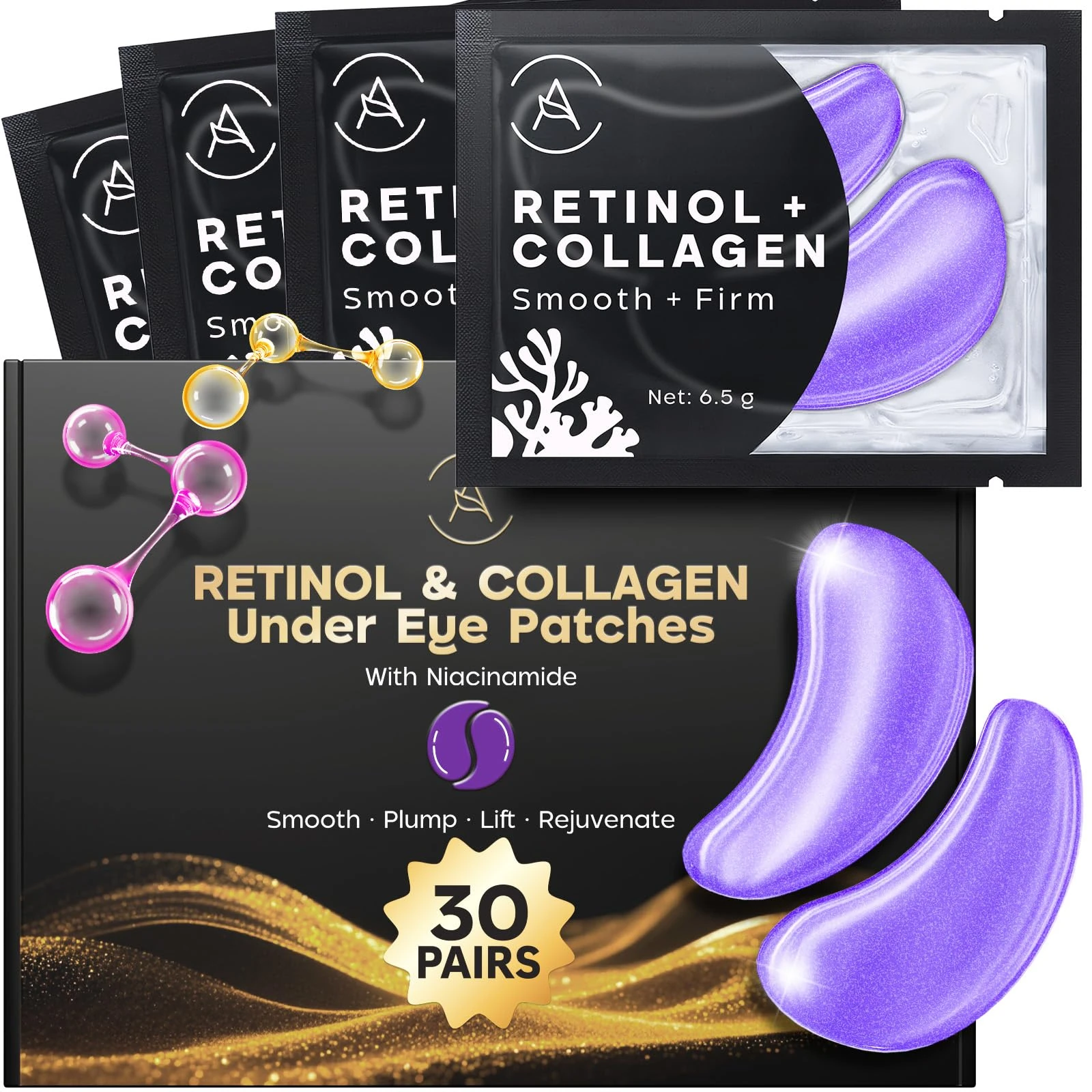 AURAE Retinol & Collagen Under Eye Gel Patches (30 Pairs) - Masks for Puffy Eyes & Dark Circles - Collagen Mask for Eye Care