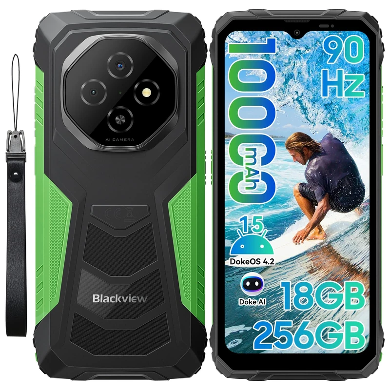 Blackview Fort1 Rugged SmartPhone (10000mAh)-Android 15, 18GB+256GB/2TB, 6.56" 90Hz, Sim-free Unlocked Mobile Phones, IP69K/NFC/OTG/GPS/4G Dual SIM/3 Card Slots/Glove Mode, AI Rugged Phone, Green