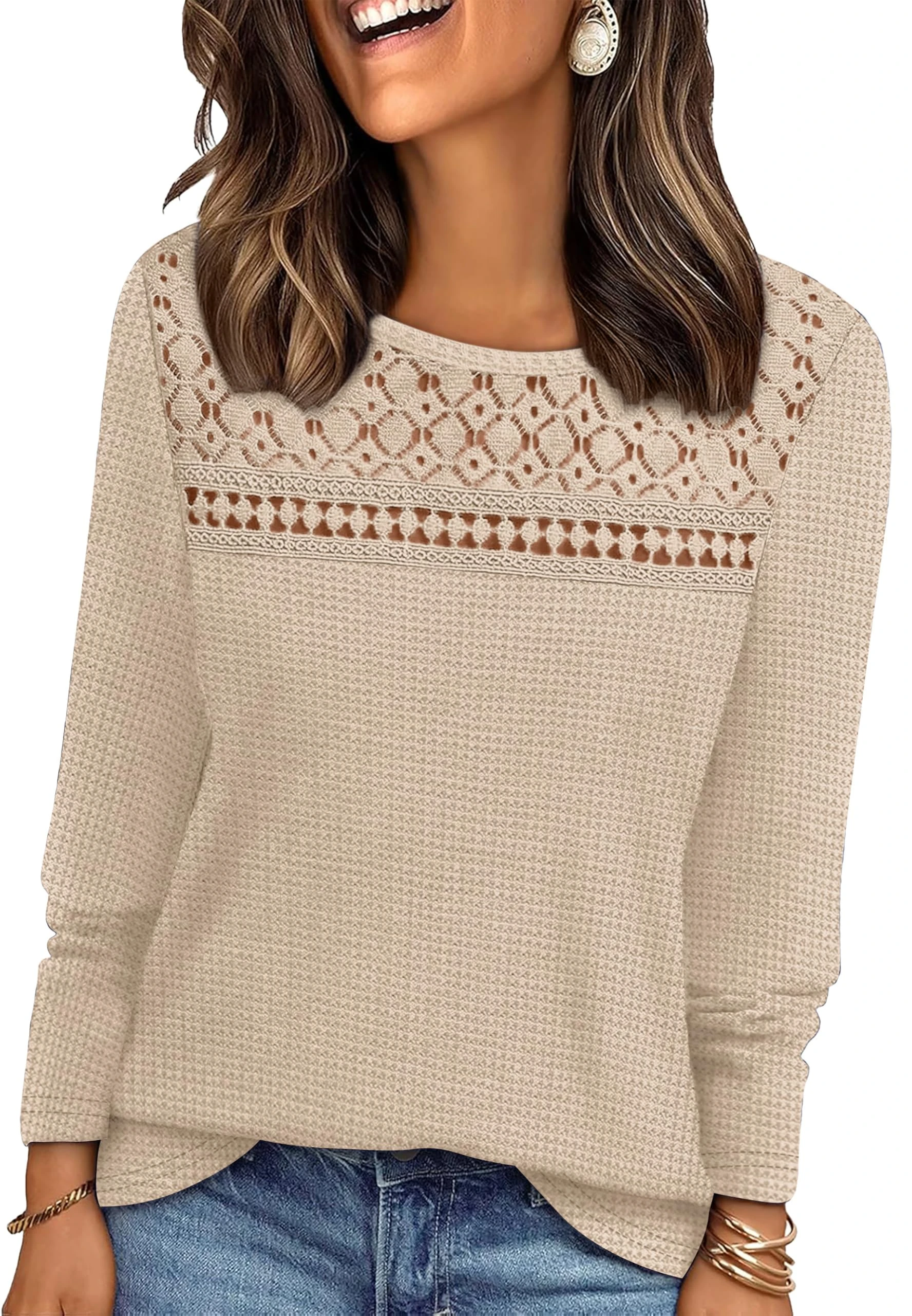 WIHOLL Ladies Jumpers Long Sleeve Tops Womens Lace Blouse Trendy Waffle Knit Jumpers Dressy Casual Beige Size 10-12 M