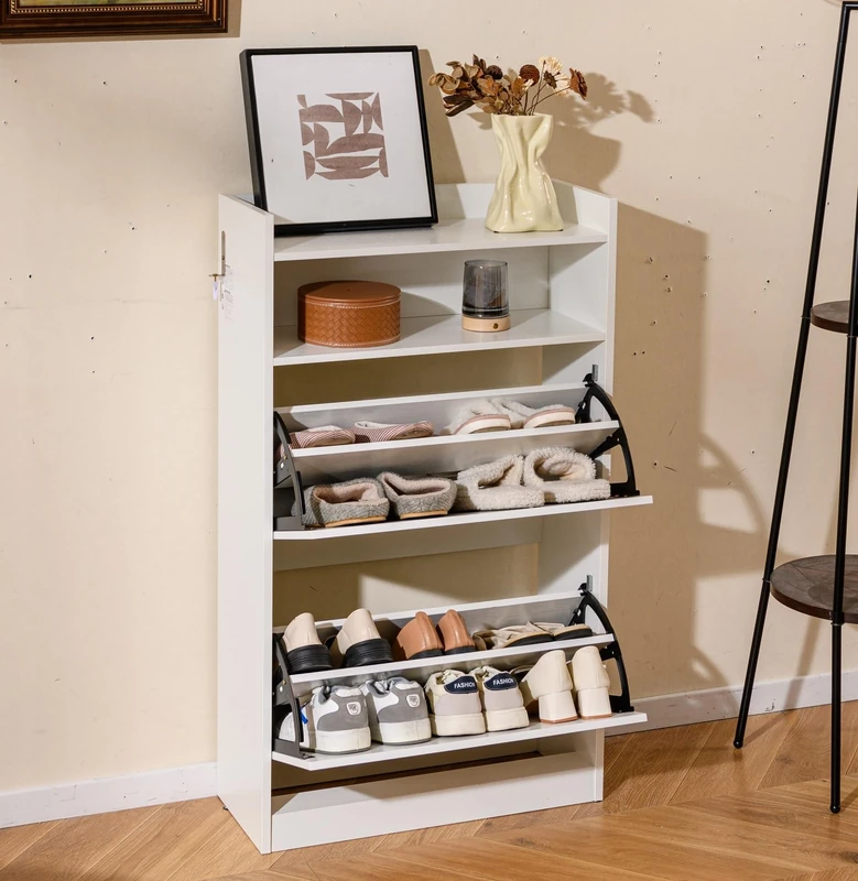 FANTASK Shoe Cabinet with Open Storage Space, Freestanding Shoe Rack Wood, Narrow Shoe Organiser with 2 Flaps for Living Room, Hallway & Hallway, 60 x 24 x 102 cm (White) - Image 1