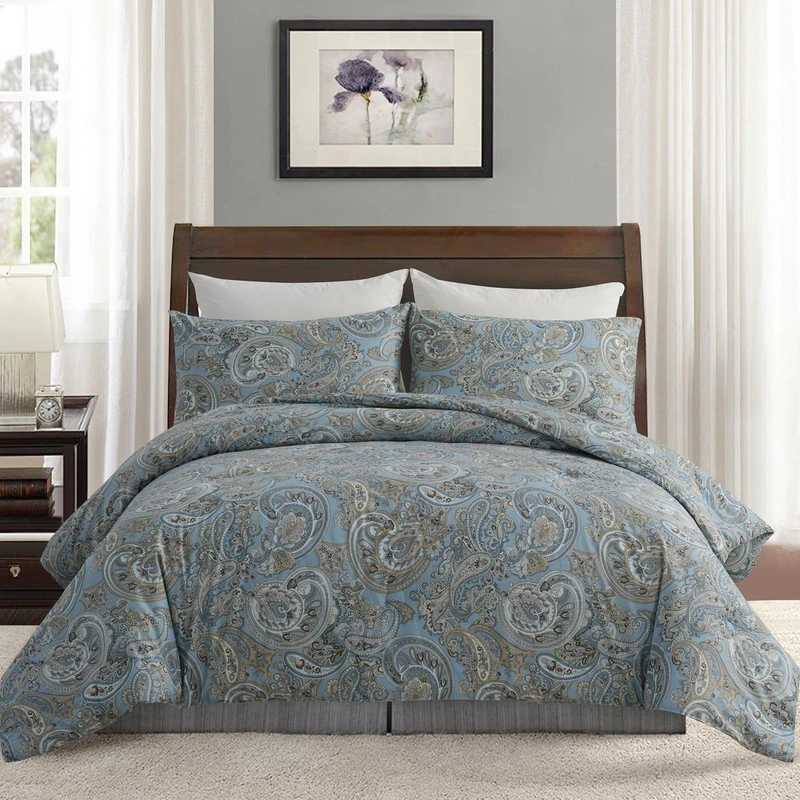 Cozaline 100% Cotton Duvet Cover Queen Size Blue Boho Paisley Pattern Duvet Cover Sets with Zipper Closure 3 Pcs Soft & Breathable Luxury Bedding Sets