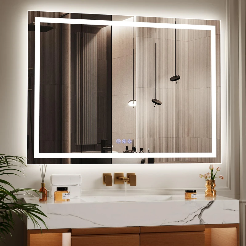 Koonmi 120x90cm LED Bathroom Mirror, 3 Adjustable Lighting Modes Lighted Smart Vanity Mirror with Front and Backlight, Anti-Fog, Memory Function, Tempered Glass, Mounted Horizontally Vertically