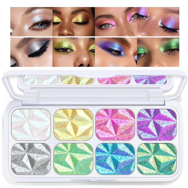 Noerrors 8 Colors Chameleon Eyeshadow Makeup Palette, Diamond Long-Lasting Waterproof Glitter Eyeshadow, Intense-Color Holographic Rainbow Shimmer Face Highlighter for Shiny Makeup