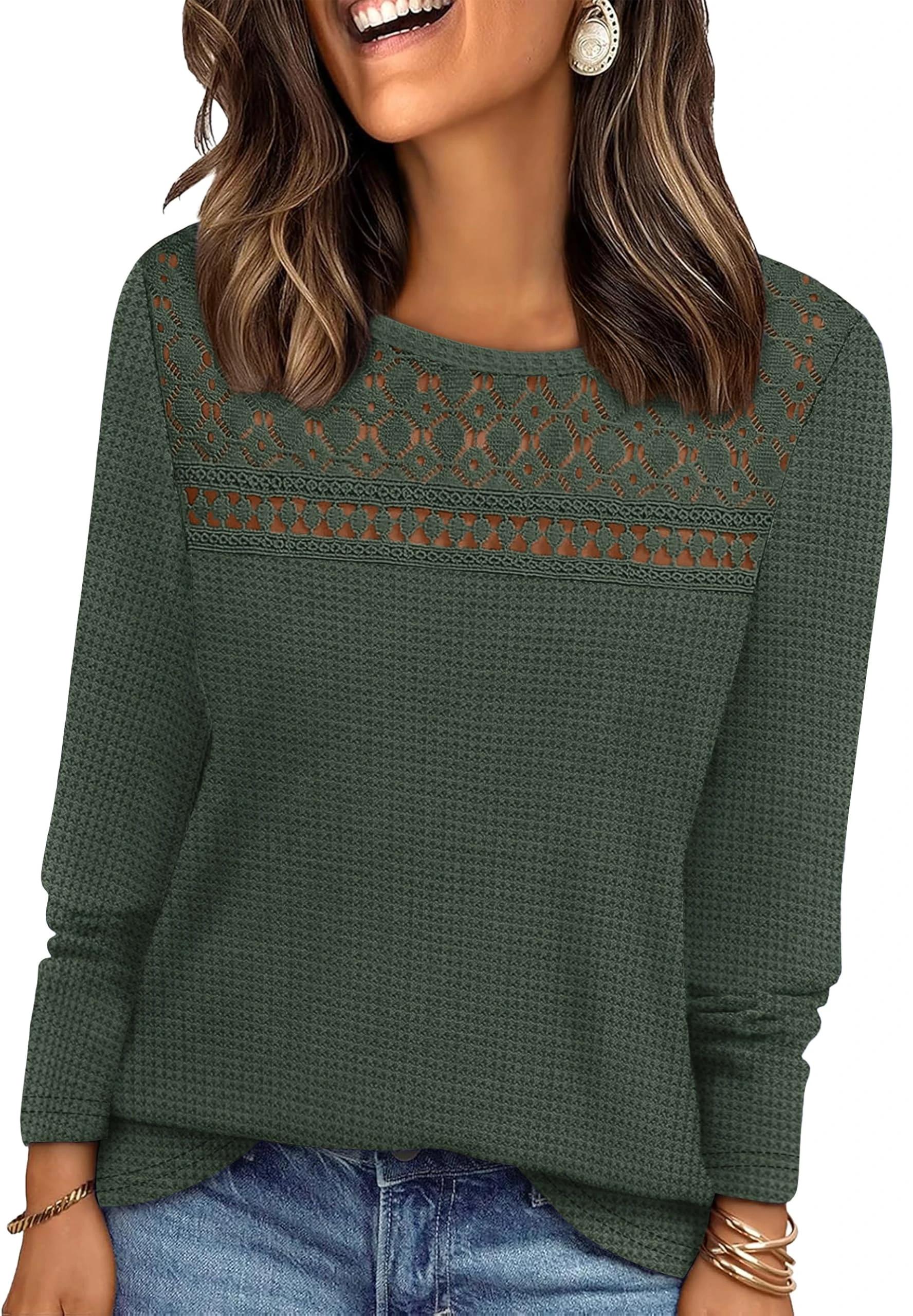 WIHOLL Ladies Christmas Jumpers Long Sleeve Tops Womens Lace Blouse Trendy Waffle Knit Jumpers Dressy Casual Green Size 10-12 M