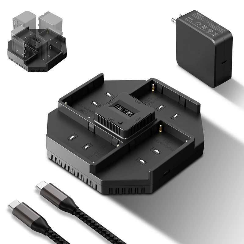 NEEWER 4 Channel NPF Battery Charger for NP-F550 NP-F750 NP-F970 Camcorder Camera Battery, 100W PD Fast Charging with PD 100W GaN Fast Wall Charger, USB C to USB C Cable, OLED Display, NW-F4