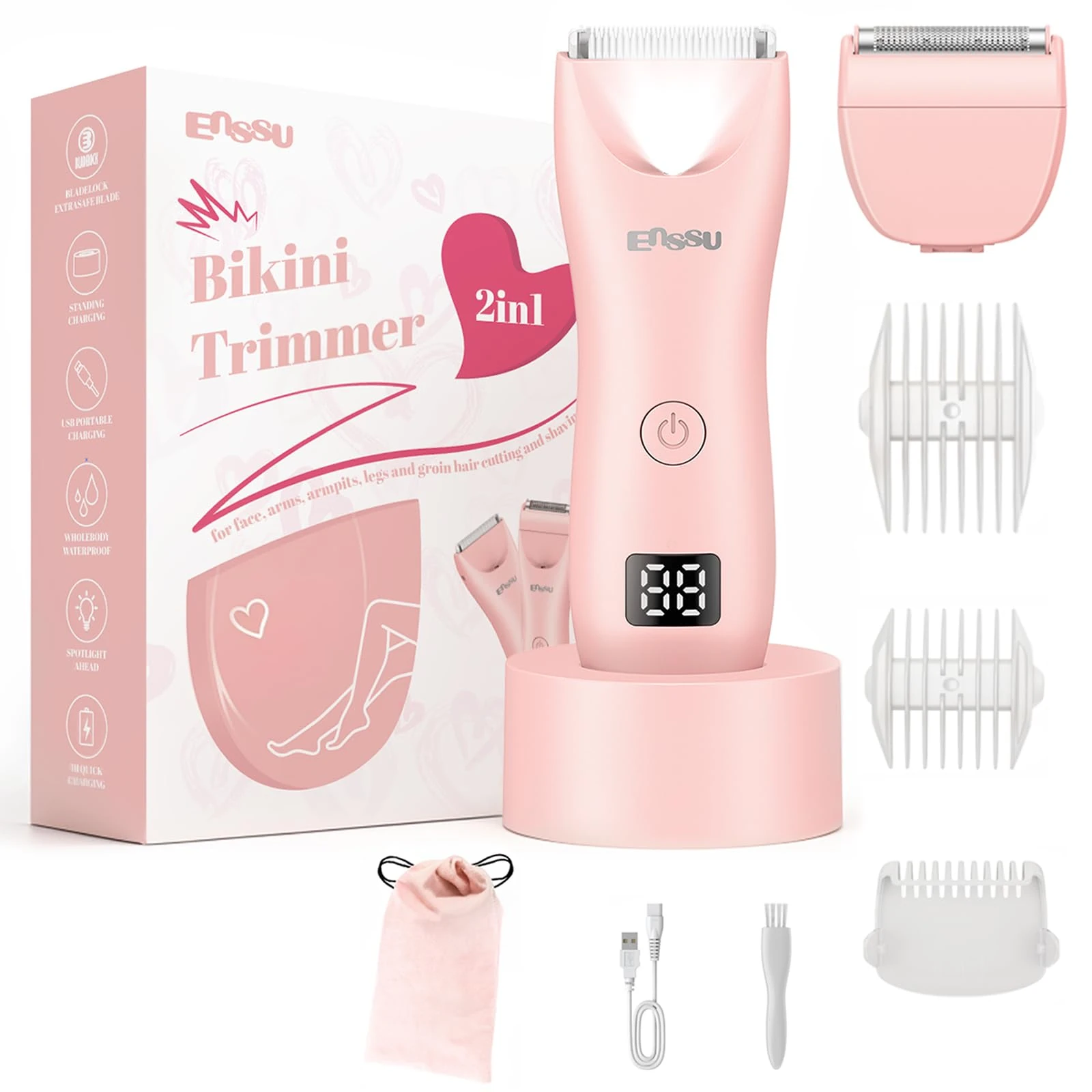 Kiavox Bikini Trimmer Women with 2 in 1 Replaceable Heads Electric Razor, Rechargeable Lady Shavers for Women with Charging Dock and USB Cable, Waterproof Womens Shaver for Body, Legs, Face, Arms