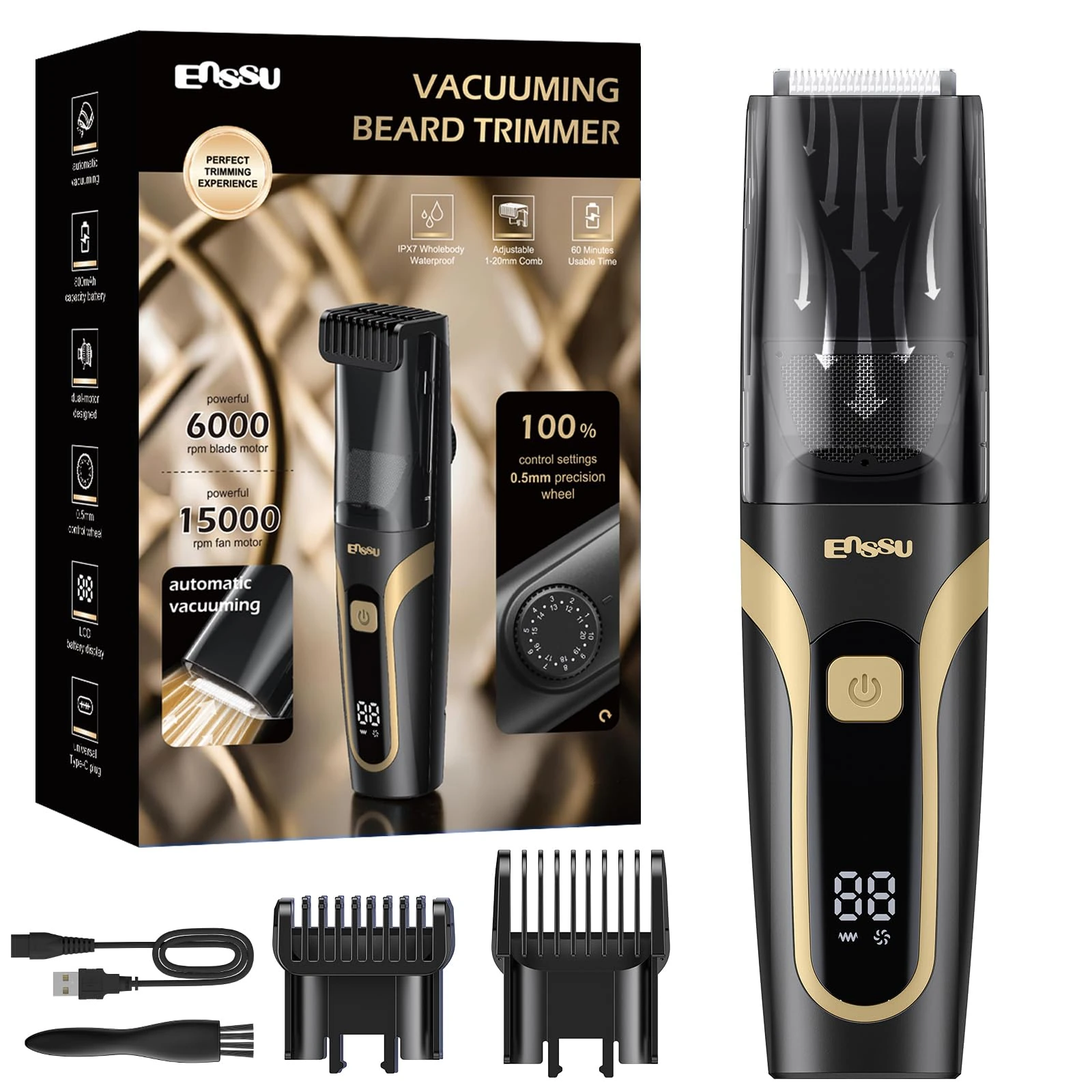 Kiavox Beard Trimmer Men Rechargeable, Vacuum Stubble Trimmer for Facial Hair and Mustache, Wet & Dry Electric Cordless Beard Trimmer for Men with Adjustable Length Comb, LCD Display (Black)