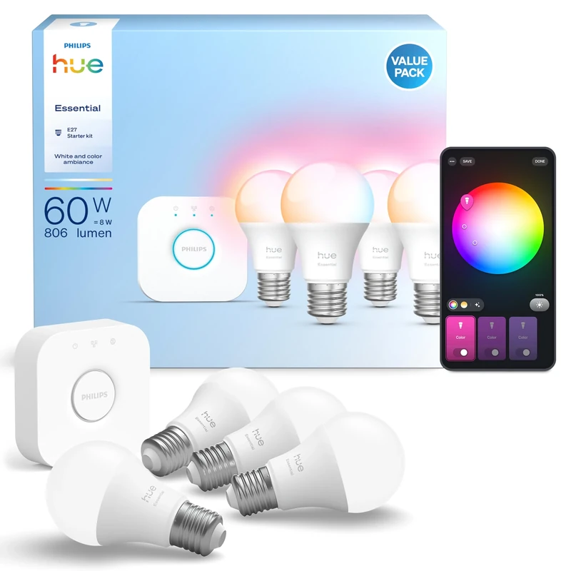Philips Hue Essential Starter Kit: Bridge + 4 Essential E27 Smart Bulbs, White and Color Ambiance, 2200K-6500K, Dimmable, Works with Alexa, Google Assistant, Samsung SmartThings, Apple Home