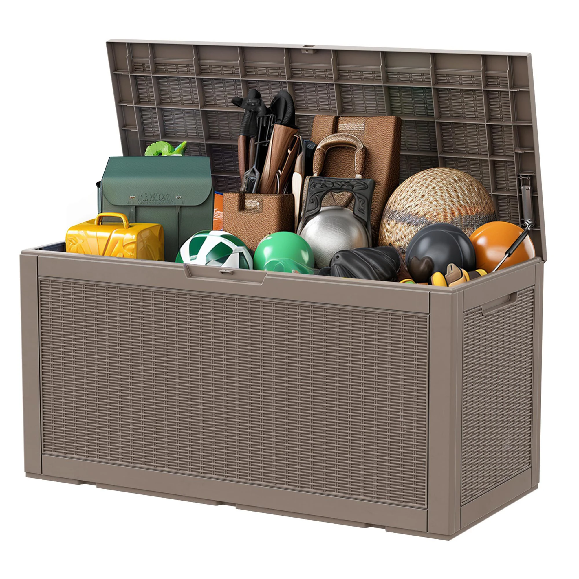 Vidacharmy - Large Garden Storage Box 380L / 100 Gallon, Colour Brown and Wood Effect, Water-Resistant Plastic Outdoor Locker with Lockable Lid for Furniture Cushions, Logs, Tools, PP Resin Material