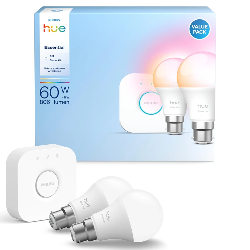 Philips Hue Essential Starter Kit: Bridge + 2 Essential B22 Smart Bulbs, White and Color Ambiance, 2200K-6500K, Dimmable, Works with Alexa, Google Assistant, Samsung SmartThings, Apple Home