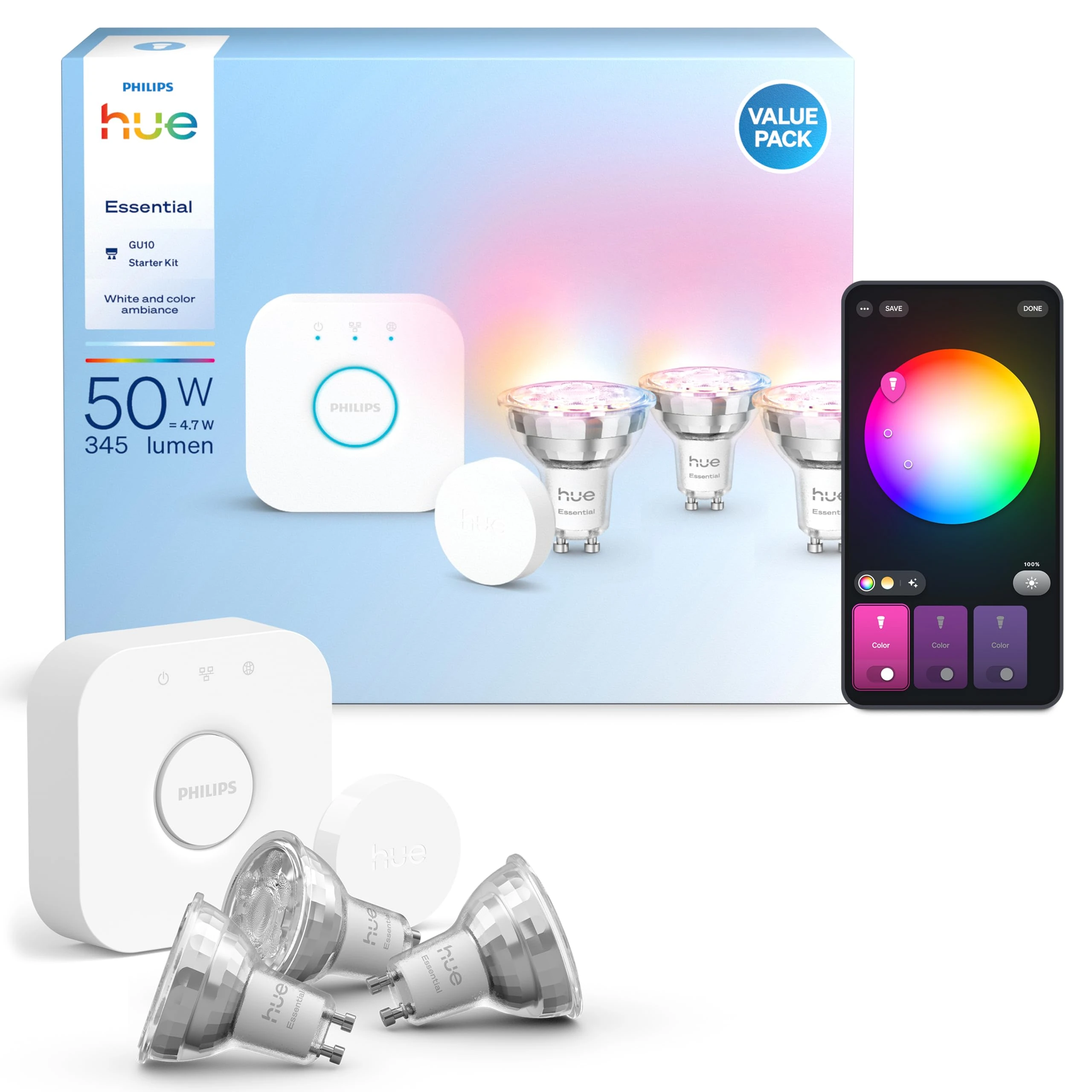 Philips Hue Essential Starter Kit: Bridge + 3 Essential GU10 Smart Bulbs + Smart Button, White and Color Ambiance, 2200K-6500K, Dimmable, Alexa, Google Assistant, Samsung SmartThings, Apple Home