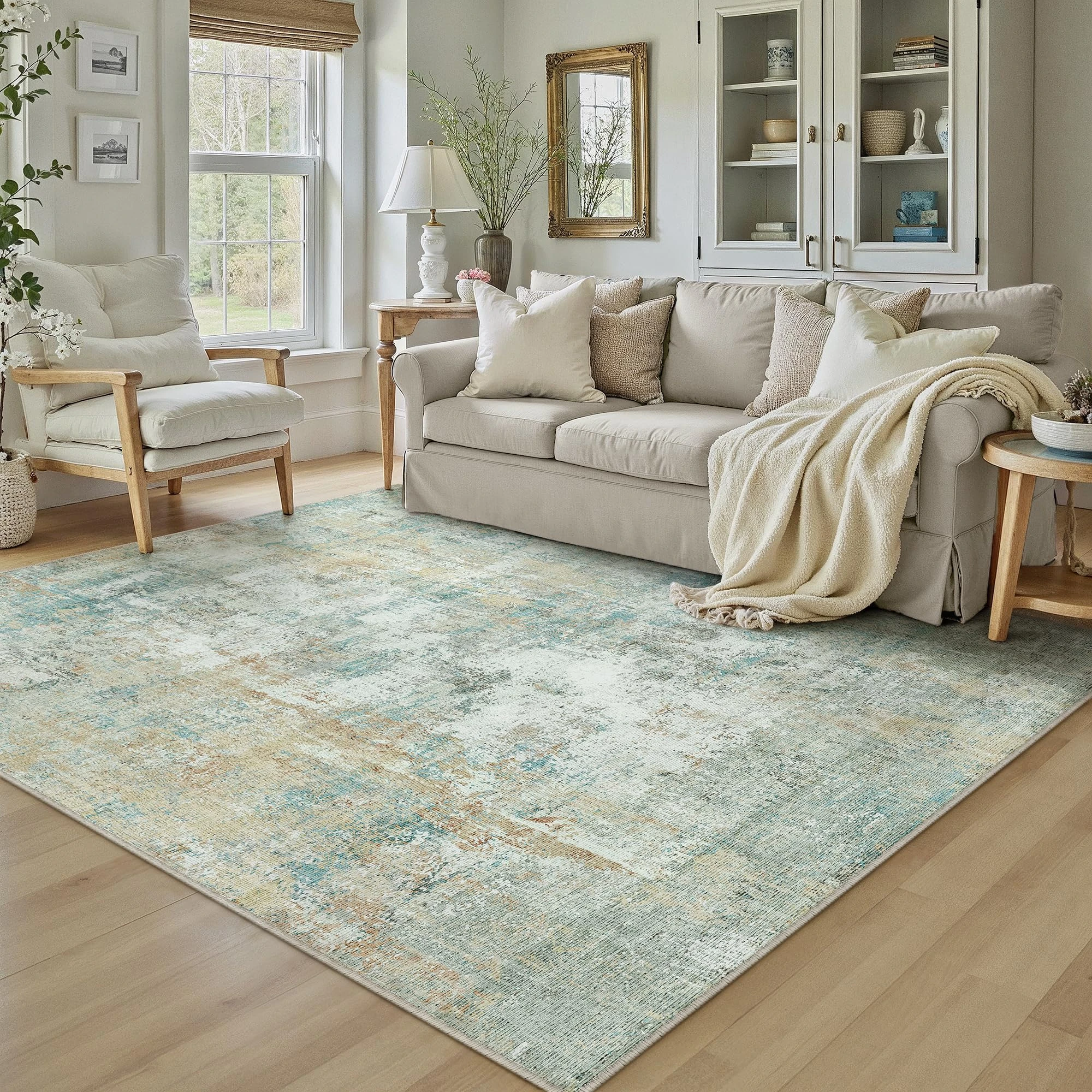 HUGEAR Washable Rugs Living Room Rug 150x210cm Blue Yellow Non Slip Abstract Natural Neutral Modern Large Carpet Bedroom Kitchen Hall Lounge Bedside Low Pile Carpets