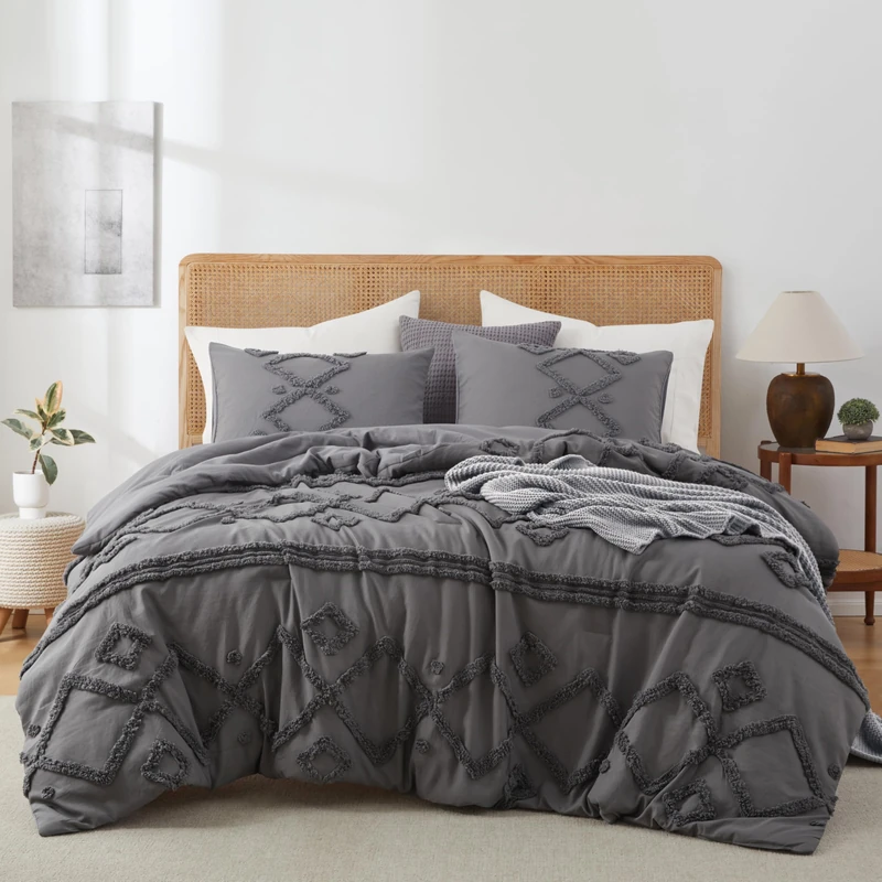 Oli Anderson King Comforter Set, 3 Pieces Boho Grey Comforter Geometric Tufted Bedding Comforter Sets, Soft Fluffy Comforter with 2 Pillowcases (Grey, King)