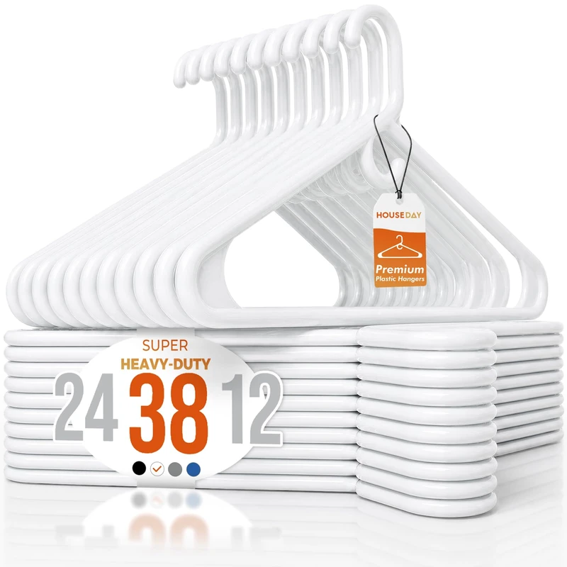 HOUSE DAY Heavy Duty Plastic Hangers 38 Pack - Thick White Clothes Hangers