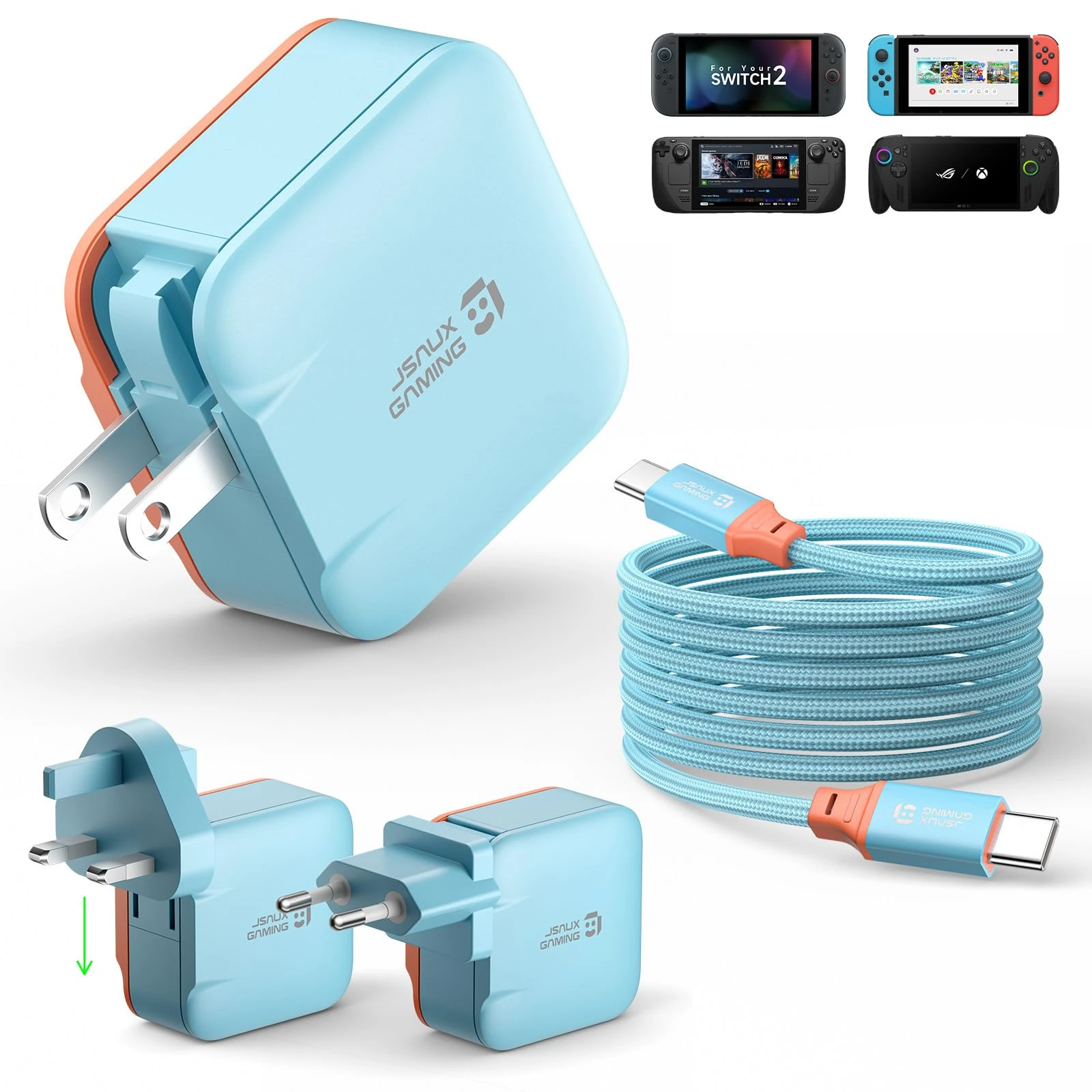 JSAUX 65W USB C Charger for Nintendo Switch 2, Supports TV Mode, with EU/UK Plugs & 6.6FT Cable, GaN PD Fast Charging for Steam Deck, ROG Ally, Mobile Phone, Tablet & Laptop - Blue&Orange