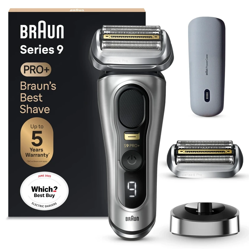 Braun Beard Shaver Series 9 PRO+ + Extra Shaver Head Bundle Electric Shaver for Men Rechargeable, 5 Pro Shave Elements & Precision Long Hair ProTrimmer, PowerCase, 9527s, Silver