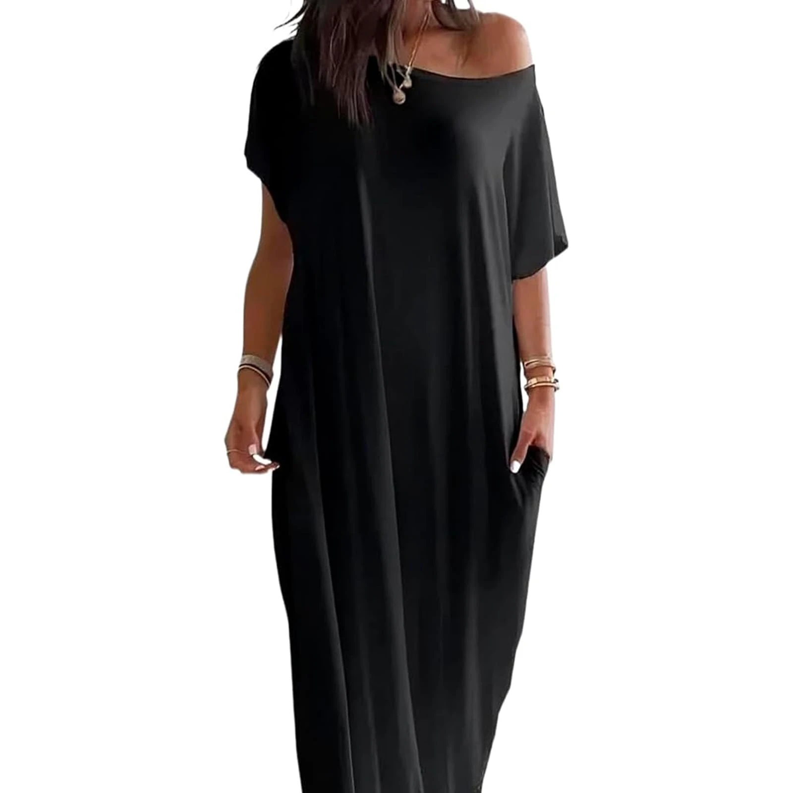 Off-Shoulder Batwing Sleeve Maxi Lounge Dress, Sexy Women's Solid Color Short Casual Comfy Baggy Nightdress (Black,XL)