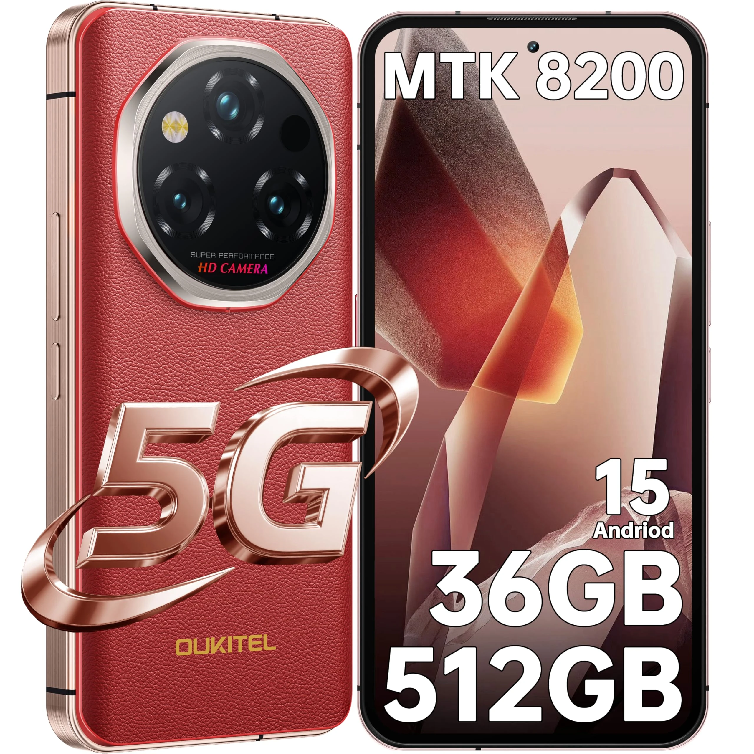 OUKITEL WP210 Rugged Smartphone 5G, Dimensity 8200+ 5G Phone, 36GB+512GB, 6.7" FHD+ AMOLED, 108MP+32MP Camera, 45W Fast Charge, Rugged Phones Android 15, 13.7mm Slim, Support OTA, NFC, GPS, Red