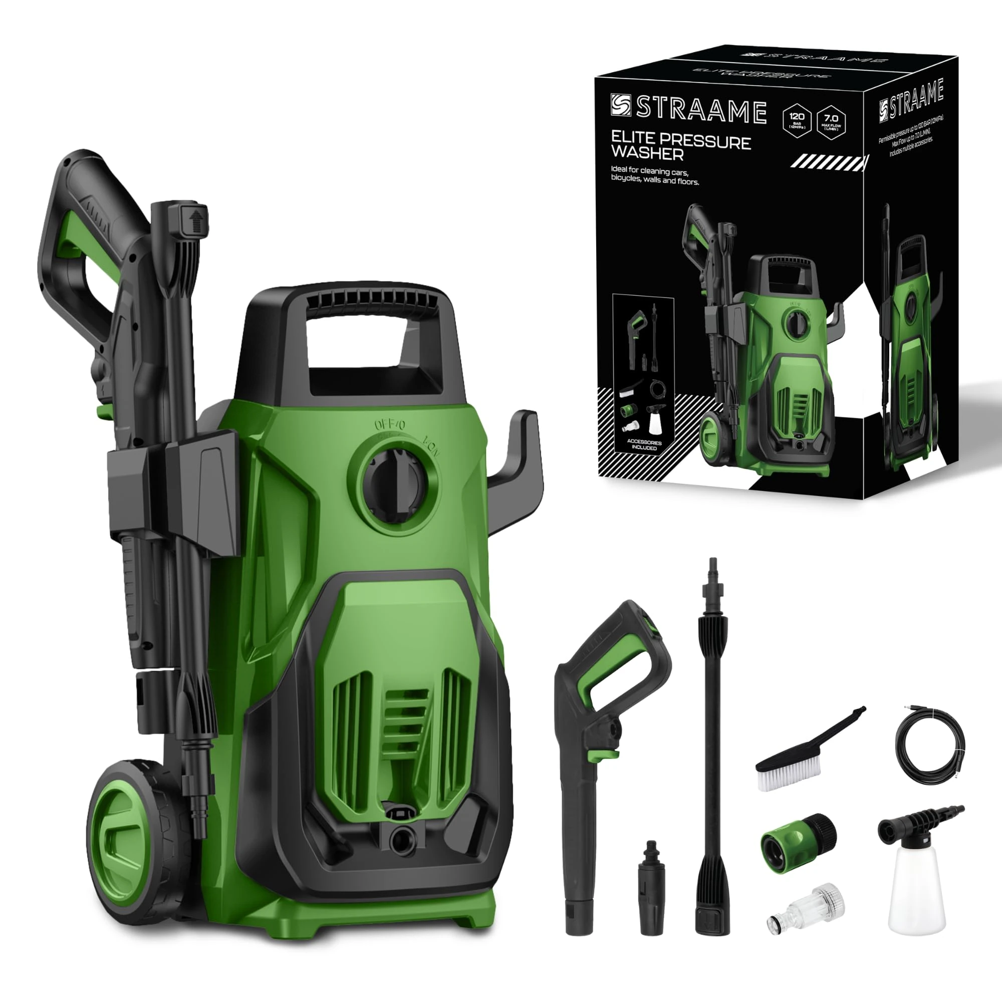 Straame Green 1600W Elite Pressure Washer, 120 Bar Max (80 Bar Rated), 7 L/min, 5 m Hose & Cable, Adjustable Spray Gun, Twist Nozzle, 250 ml Detergent Bottle & Car Brush for Patio, Car & Garden
