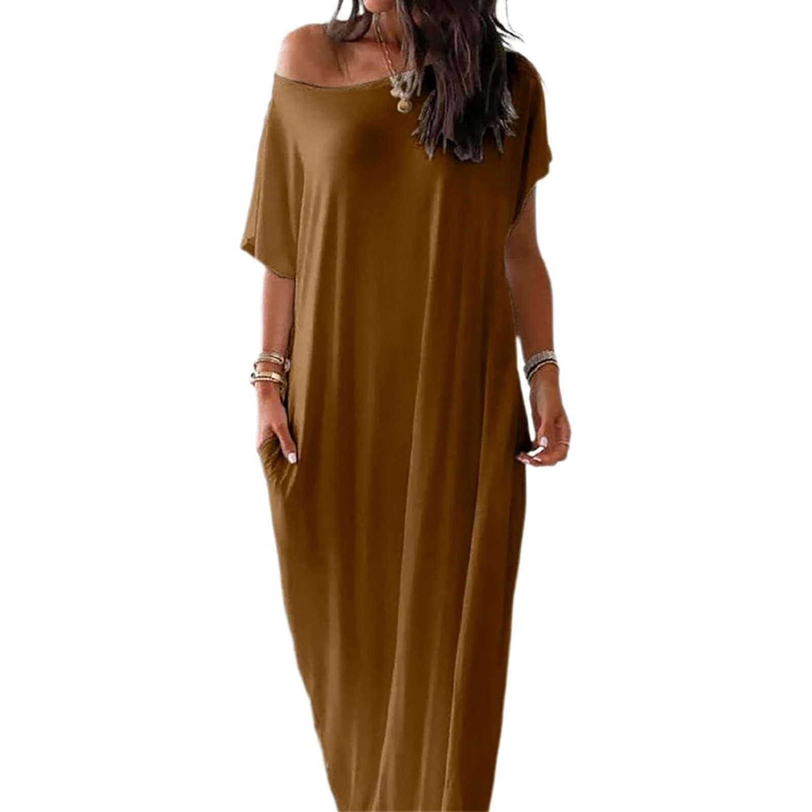 Off-Shoulder Batwing Sleeve Maxi Lounge Dress, Sexy Women's Solid Color Short Casual Comfy Baggy Nightdress (Brown,XL)