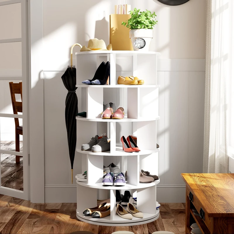 Merax Rotating Shoe Rack, Elegant 5-Tier Shoe Storage Cabinet, Space-Saving Round Hallway Storage Unit with Unique and Modern Design, Ideal for Organizing Shoes and Accessories, White, 60x60x115cm