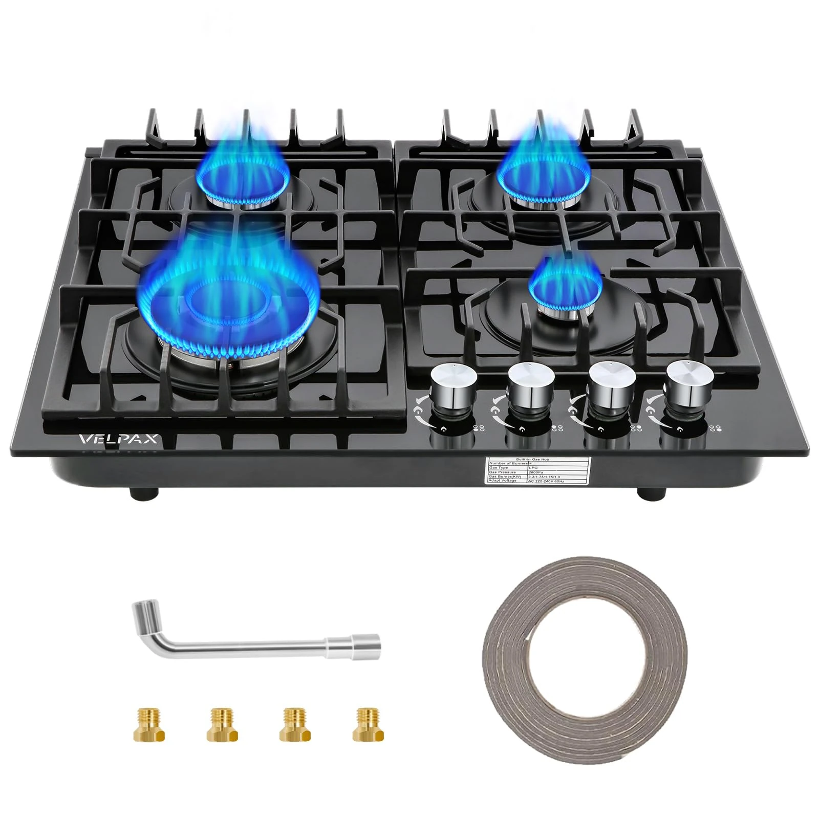 Gas Hob 4 burners, Built in Black Glass Gas Hob with Flame Out Protection,with Cast Iron Supports,NG/LPG Convertible