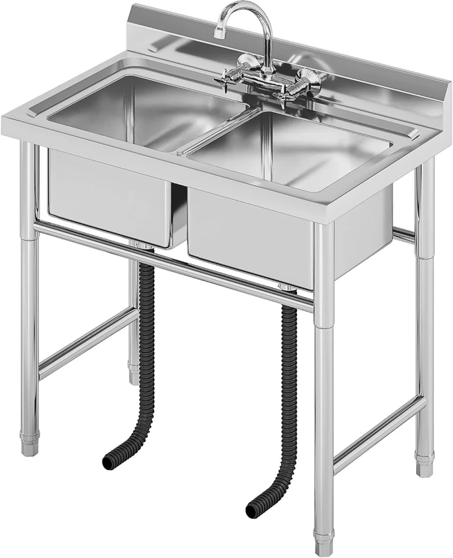 Catering Sink Commercial Stainless Steel Double Bowl Unit, Stainless Steel Restaurant Kitchen Sink(100x60x94cm)