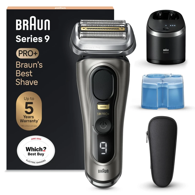 Braun Electric Shaver 9 PRO+ Series + SmartCare Center Refill Cartridges 2 Pack Bundle for Men, 5 Pro Shave Elements & Precision Long Hair ProTrimmer, SmartCare Center