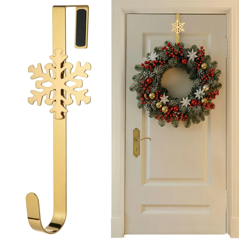 SR ESSENTIALS Gold Wreath Hanger for Front Door with Decorative Snowflake, 12" Wreath Door Hanger, Perfect for Valentine, Welcome, Wedding & Christmas Decorations Over Door Hanger (Golden)