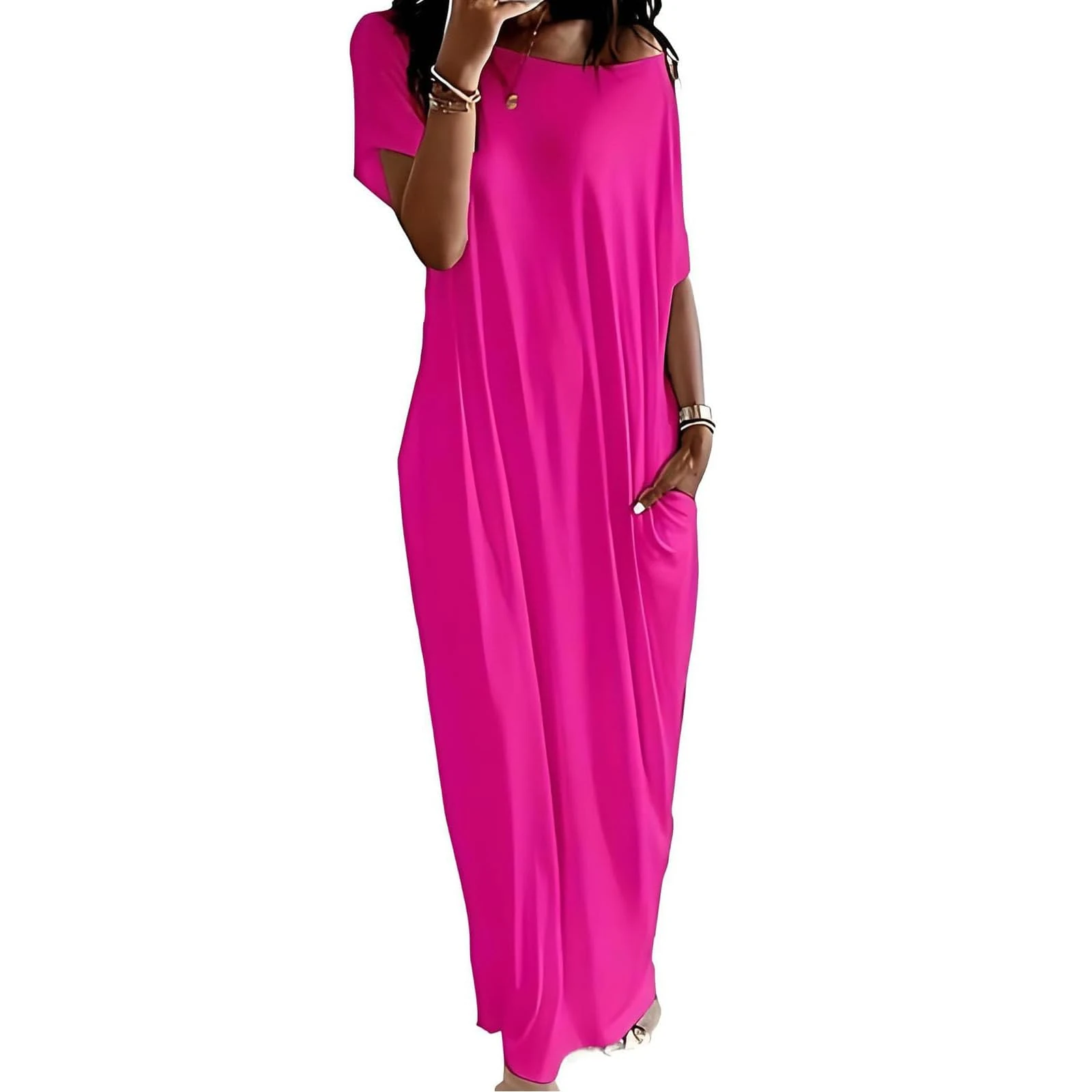 Off-Shoulder Batwing Sleeve Maxi Lounge Dress, Sexy Women's Solid Color Short Casual Comfy Baggy Nightdress (Rose red,XL)