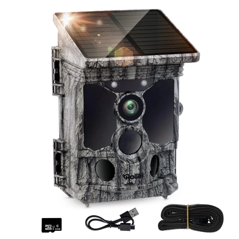 Rollei Solar Hunting Camera, 4K 48MP Phototrapping Camera with App & Motion Detector Animal Night Camera with 5200mAh 0.3s Battery with 32GB SD Card IP66, Camera-Hunting-4K-Fototrapping