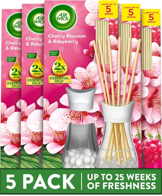 Air Wick Reed Diffuser Multipack, Cherry Blossom Scent, Pack of 5 x 25 ml, 5 Weeks of Long-Lasting Freshness, Elegant Home Decor, Neutralizes Odors, Enhances Room Ambiance, Air Freshener