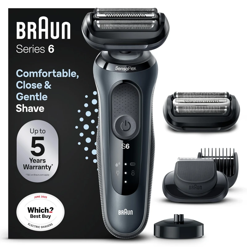 Braun Electric Shaver Series 6 + Extra Shaver Head Bundle, Wet & Dry Electric Shaver for Men with EasyClick Beard Trimmer Attachment, Charging Stand, SensoFlex,